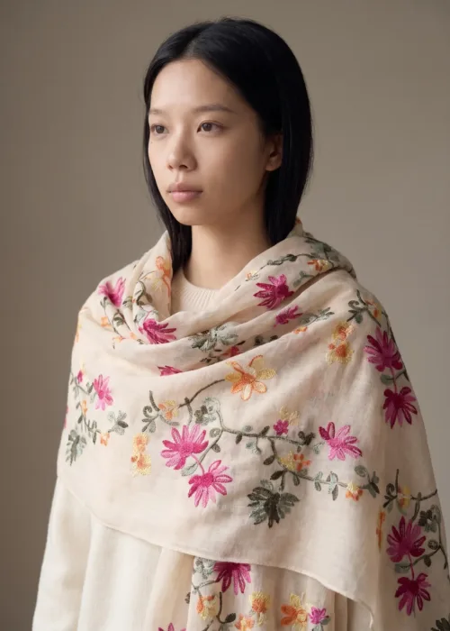 Floral Embroidered Light Beige Scarf