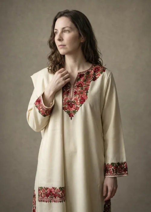Gul-e-Kashan Aari Embroidered Acro Wool Pheran Set (Pheran, Scarf & Trousers)