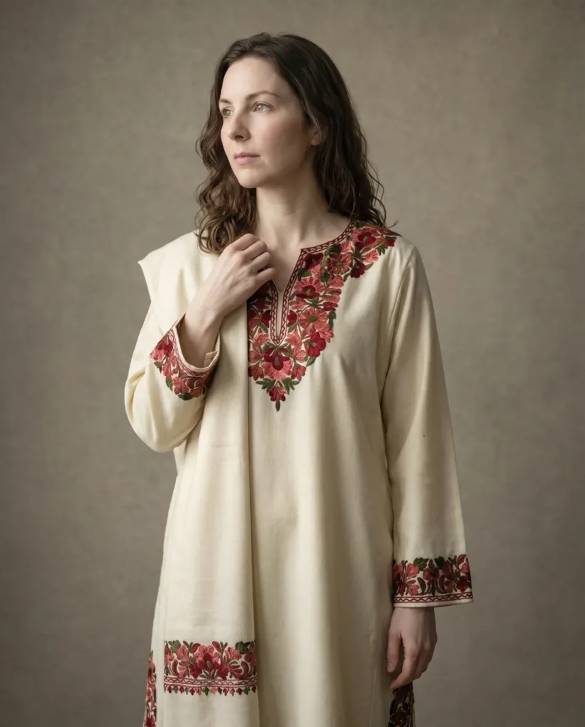 Gul-e-Kashan Aari Embroidered Acro Wool Pheran Set (Pheran, Scarf & Trousers)