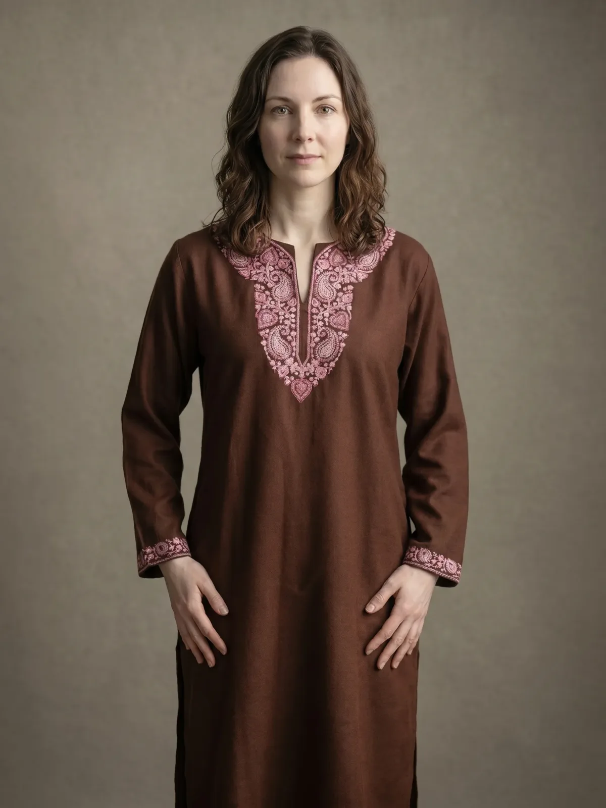 Mahira Handcrafted Acro Wool Kurti with Kashmiri Needlework (Cocoa Brown)