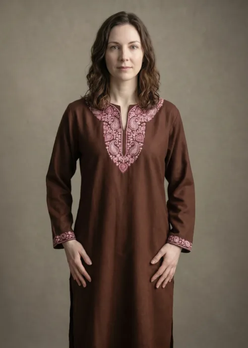 Mahira Handcrafted Acro Wool Kurti with Kashmiri Needlework (Cocoa Brown)