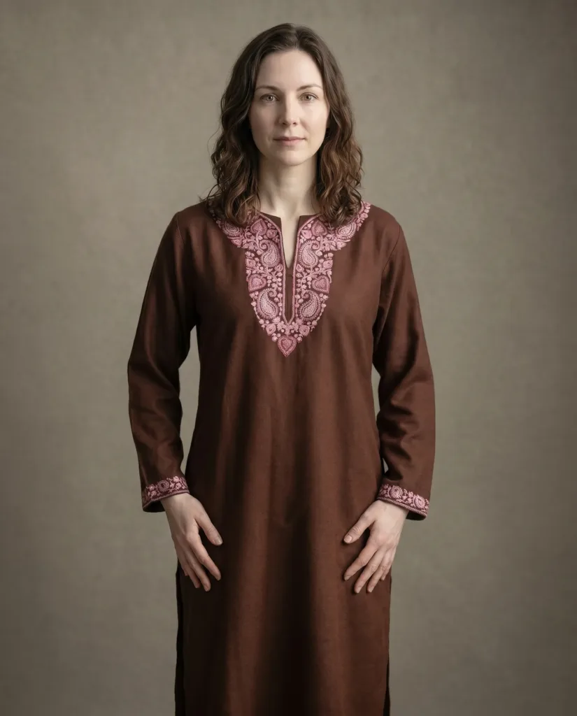 Mahira Handcrafted Acro Wool Kurti with Kashmiri Needlework (Cocoa Brown)