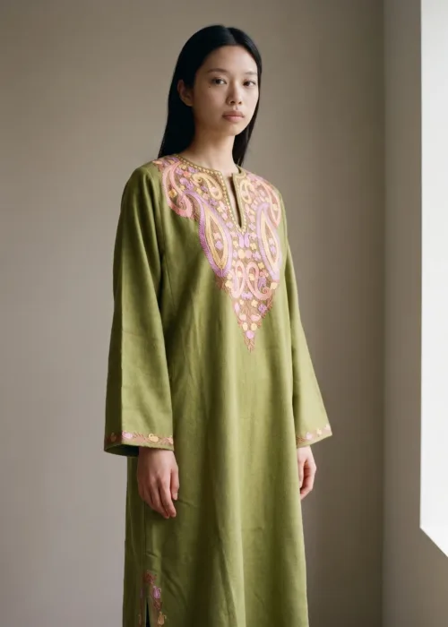Gulbahar Olive Green Acro Wool Aari Embroidered Pheran