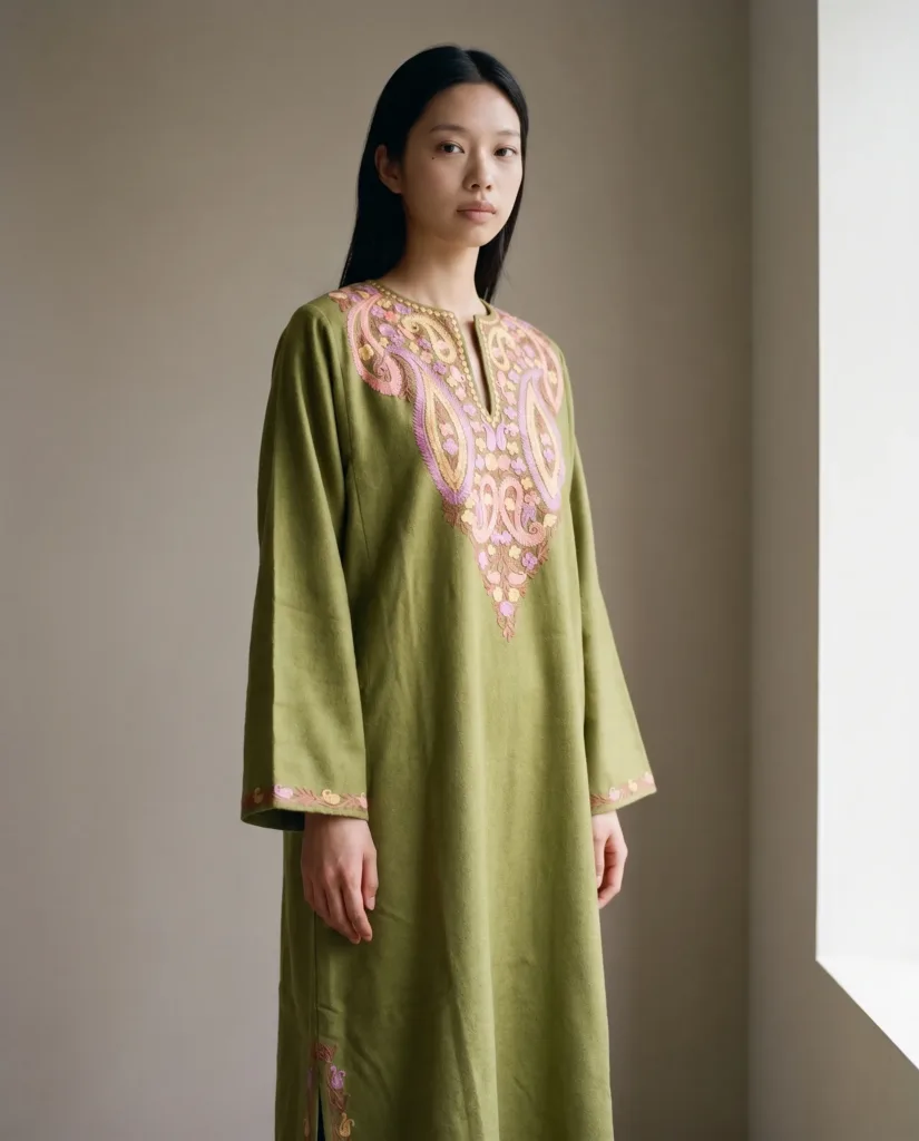 Gulbahar Olive Green Acro Wool Aari Embroidered Pheran