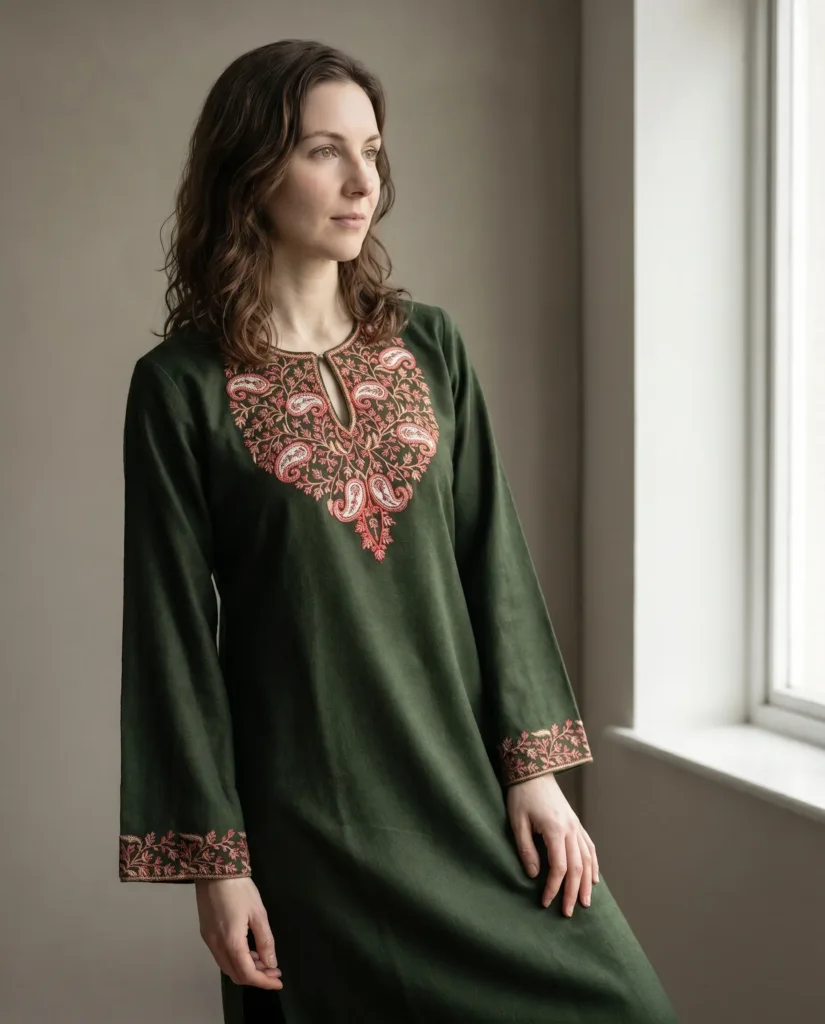 Guldaan Handcrafted Acro Wool Kurti with Kashmiri Needlework (Forest Green)