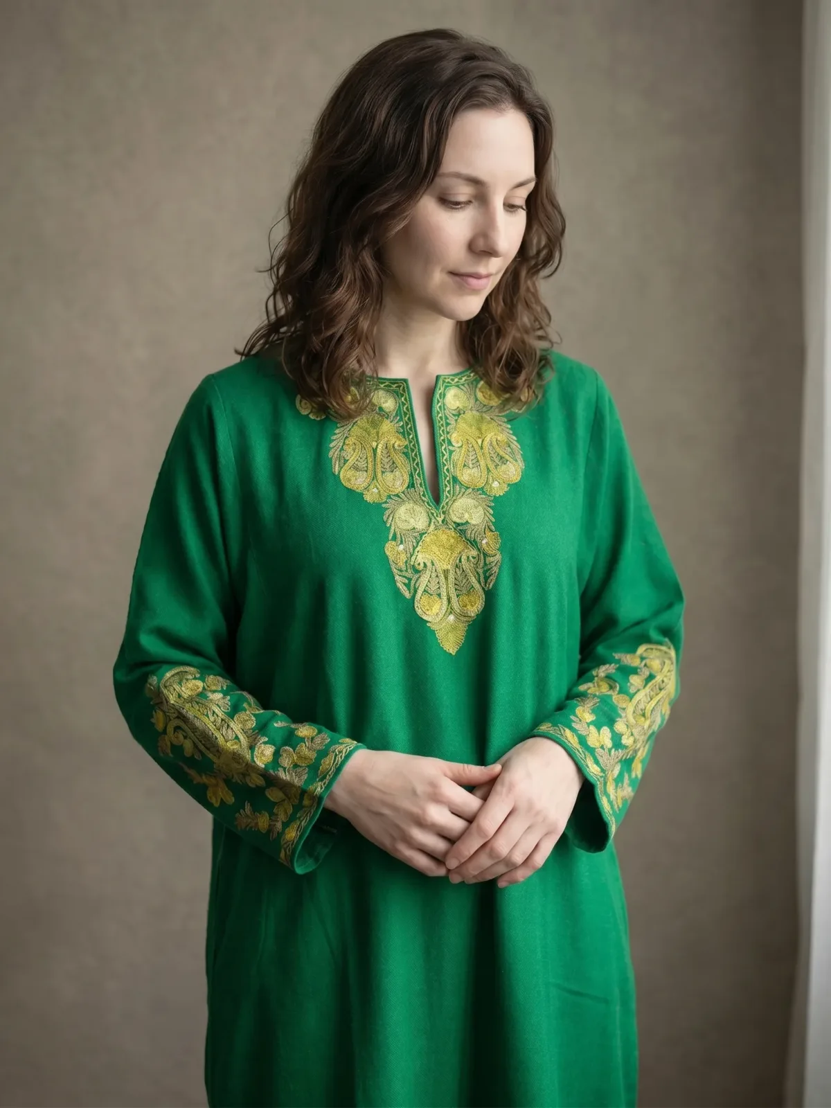 Haerzaan Green Acro Wool Aari Embroidered Pheran