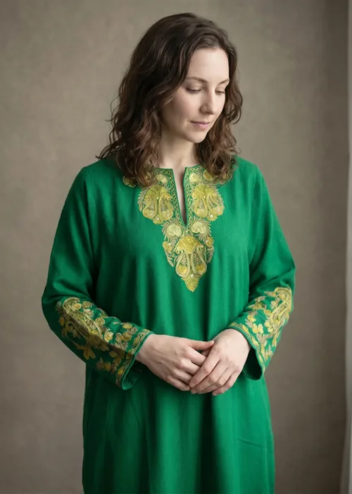 Haerzaan Green Acro Wool Aari Embroidered Pheran