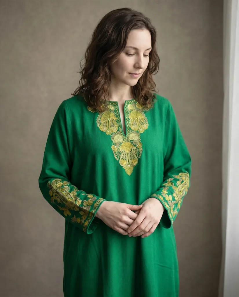 Haerzaan Green Acro Wool Aari Embroidered Pheran