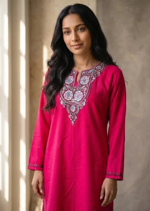 Inaya Deep Rose Hand Needle Work Pheran