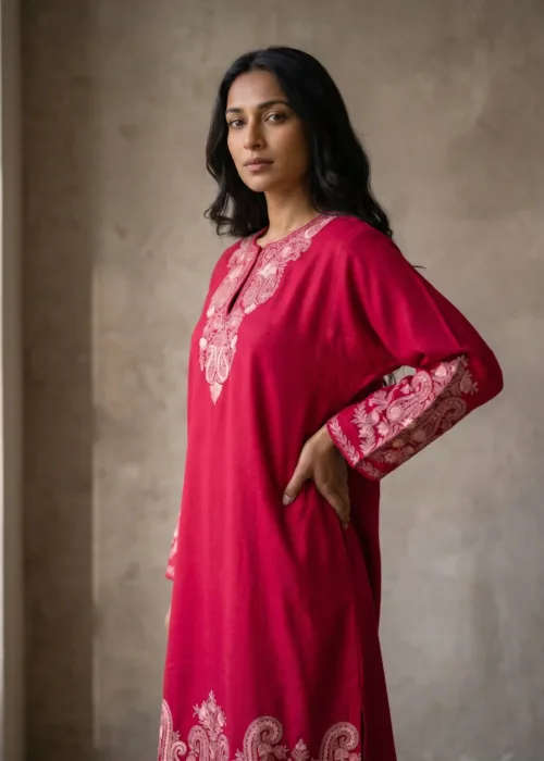 Lalzaar Crimson Acro Wool Aari Embroidered Pheran (Heavy Work)