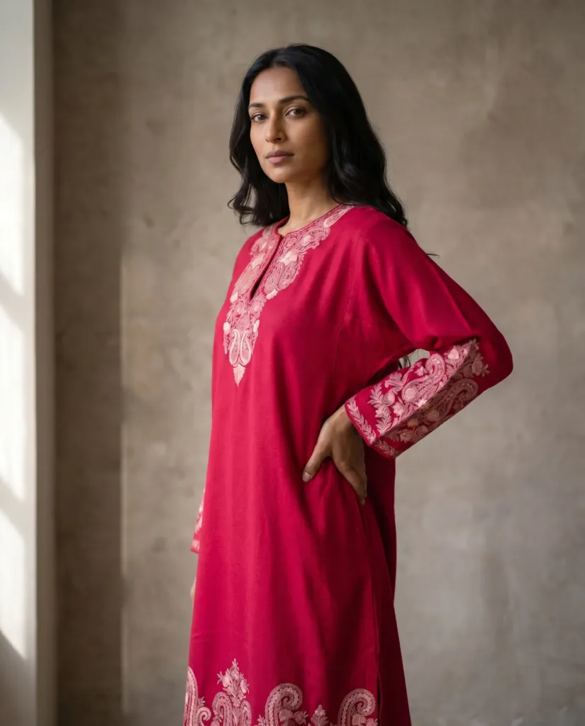 Lalzaar Crimson Acro Wool Aari Embroidered Pheran (Heavy Work)