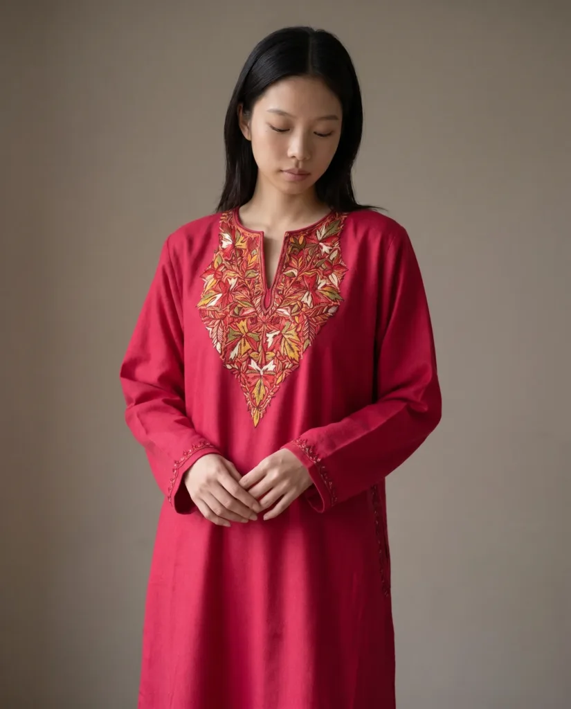 Mahveen – Crimson Hand Needle Work Pheran