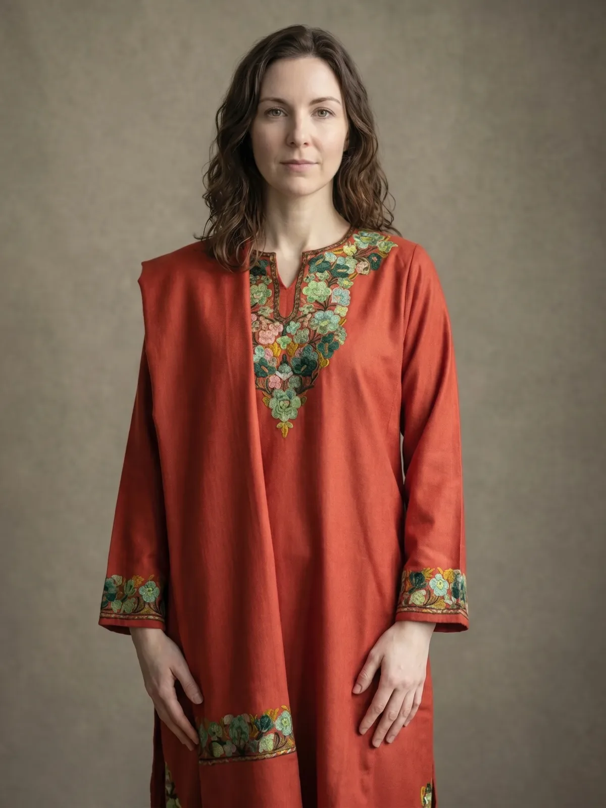 Mehr-e-Surkh Aari Embroidered Acro Wool Pheran Set (Pheran, Scarf & Trousers)