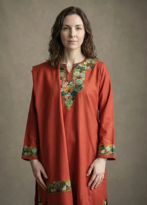 Mehr-e-Surkh Aari Embroidered Acro Wool Pheran Set (Pheran, Scarf & Trousers)