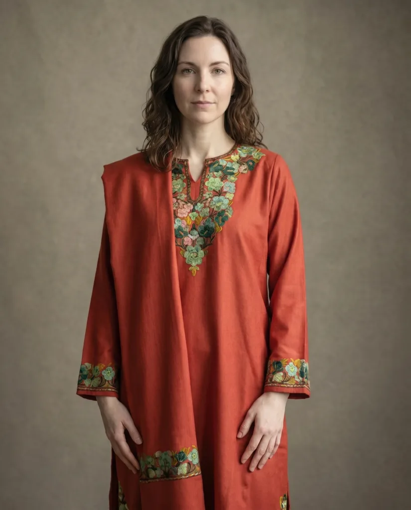 Mehr-e-Surkh Aari Embroidered Acro Wool Pheran Set (Pheran, Scarf & Trousers)