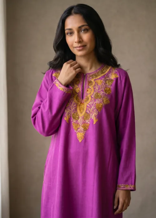 Mehrun Magenta Acro Wool Aari Embroidered Pheran