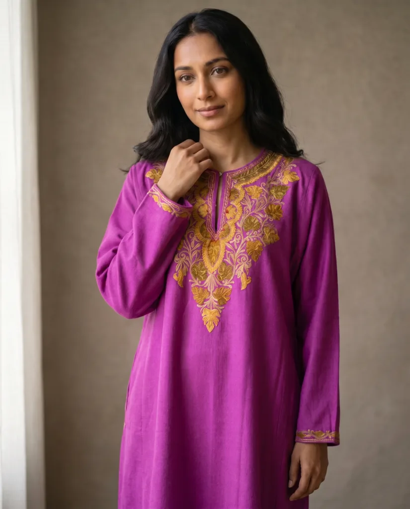 Mehrun Magenta Acro Wool Aari Embroidered Pheran