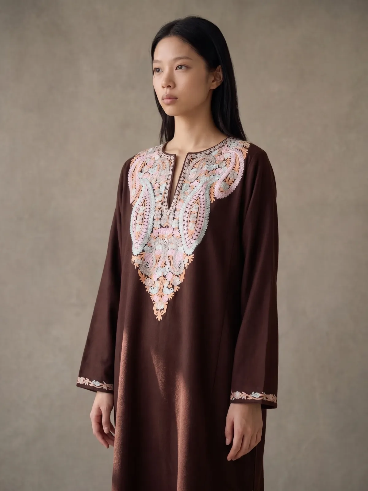 Mehzaar Brown Acro Wool Aari Embroidered Pheran