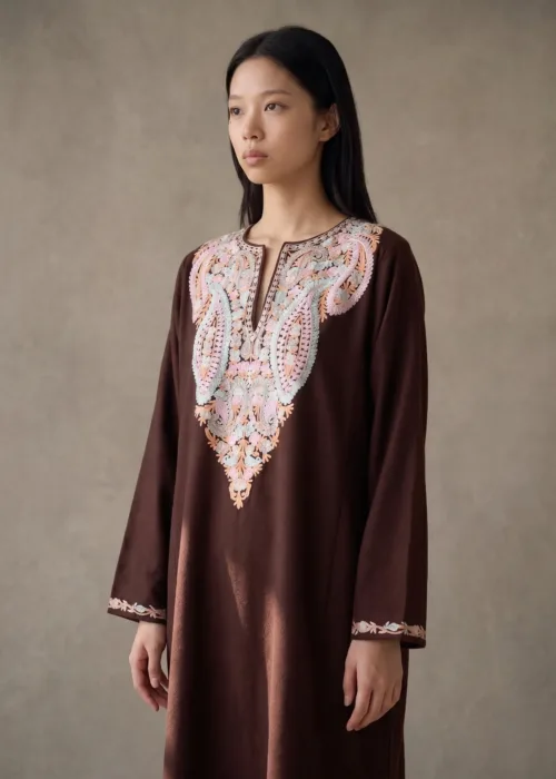 Mehzaar Brown Acro Wool Aari Embroidered Pheran