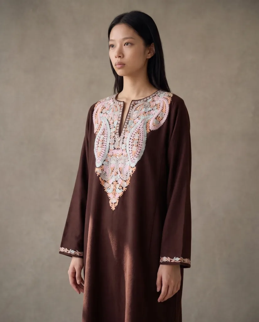 Mehzaar Brown Acro Wool Aari Embroidered Pheran
