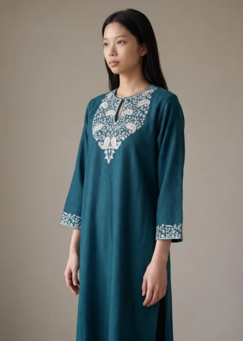 Aarzoo Handcrafted Acro Wool Kurti with Kashmiri Needlework (Emerald Green)