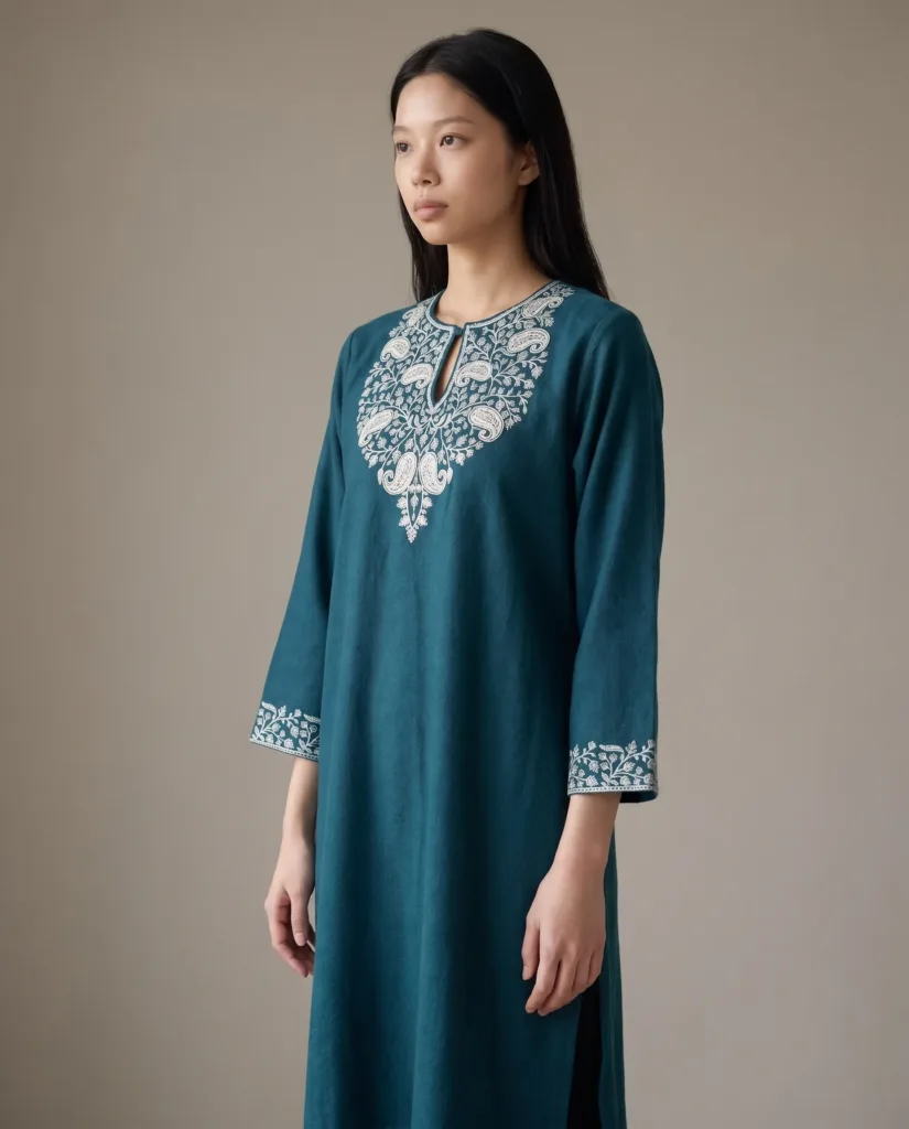 Aarzoo Handcrafted Acro Wool Kurti with Kashmiri Needlework (Emerald Green)