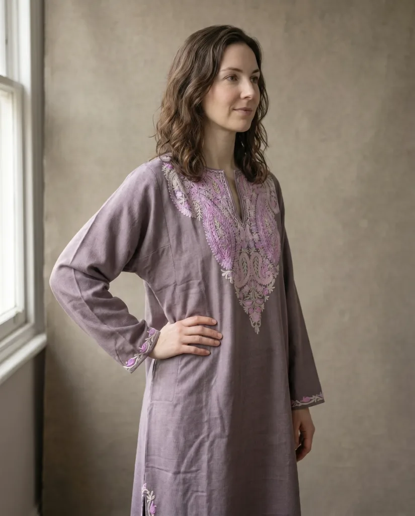 Naqsh e Jahan Kashmiri Acro Wool Aari Pheran in Lavender
