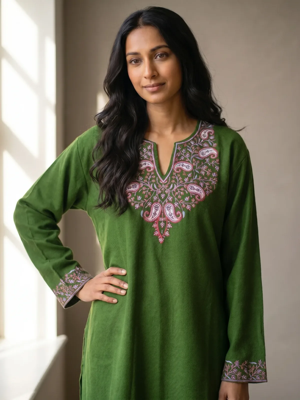 Parizad Handcrafted Acro Wool Kurti with Kashmiri Needlework (Olive Green)