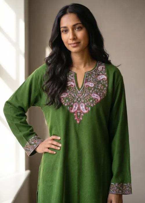 Parizad Handcrafted Acro Wool Kurti with Kashmiri Needlework (Olive Green)
