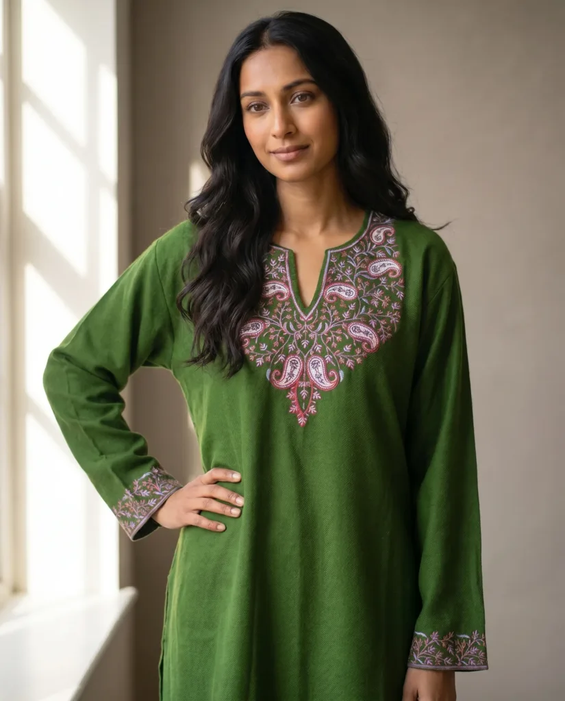 Parizad Handcrafted Acro Wool Kurti with Kashmiri Needlework (Olive Green)