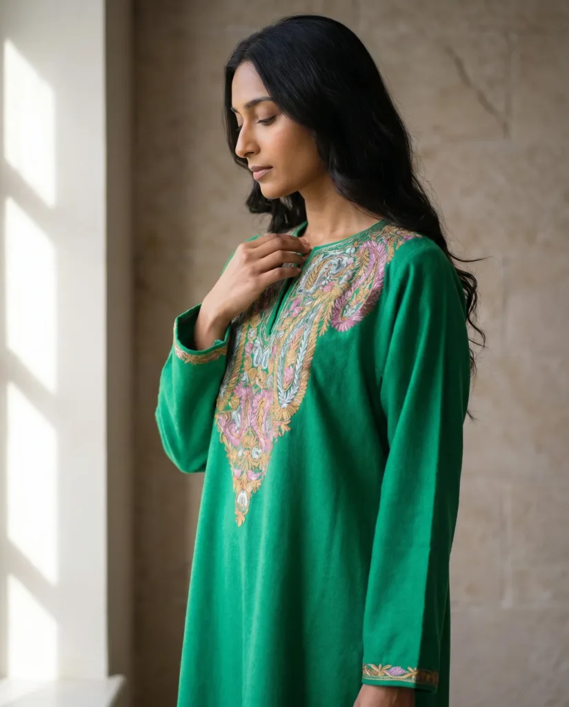 Poshkaar – Green Acro Wool Aari Embroidered Pheran