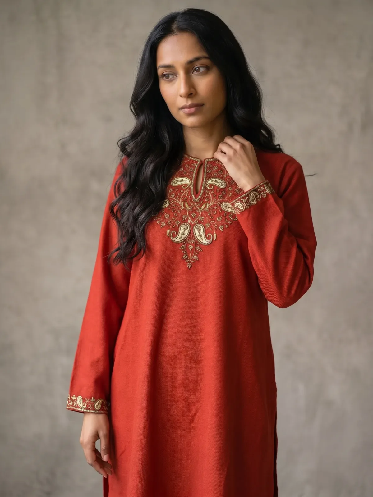 Ruhani Handcrafted Acro Wool Kurti with Kashmiri Paisley Needlework (Rust)