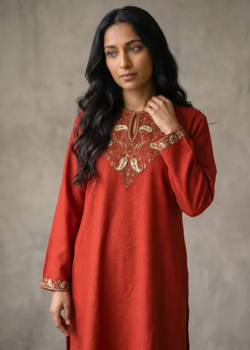 Ruhani Handcrafted Acro Wool Kurti with Kashmiri Paisley Needlework (Rust)