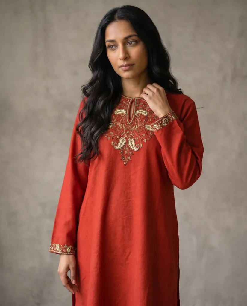 Ruhani Handcrafted Acro Wool Kurti with Kashmiri Paisley Needlework (Rust)