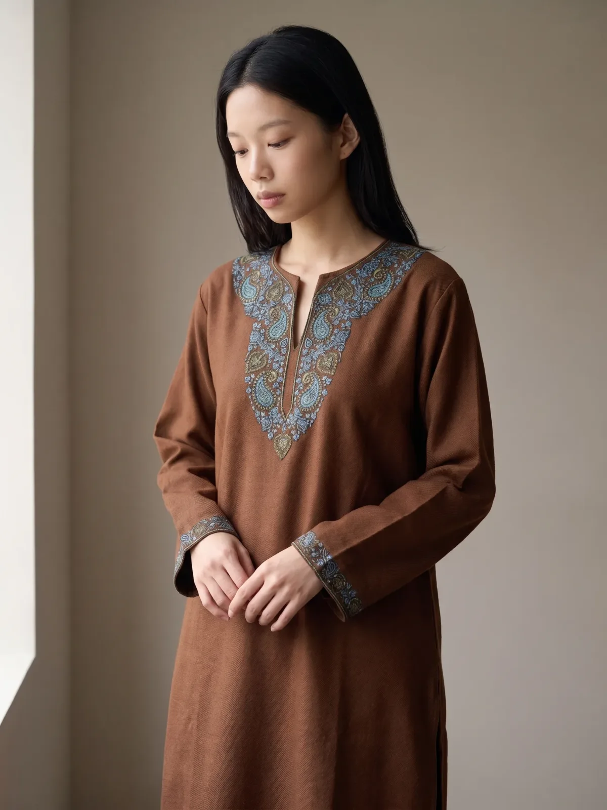 Aabroo Handcrafted Acro Wool Kurti with Kashmiri Paisley Needlework (Chestnut Brown)