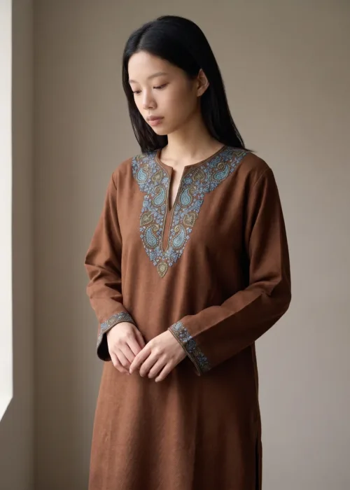 Aabroo Handcrafted Acro Wool Kurti with Kashmiri Paisley Needlework (Chestnut Brown)