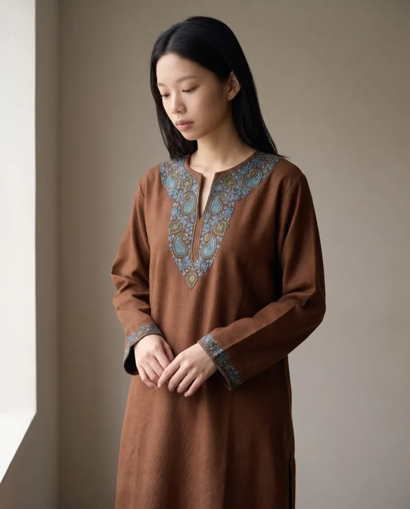 Aabroo Handcrafted Acro Wool Kurti with Kashmiri Paisley Needlework (Chestnut Brown)