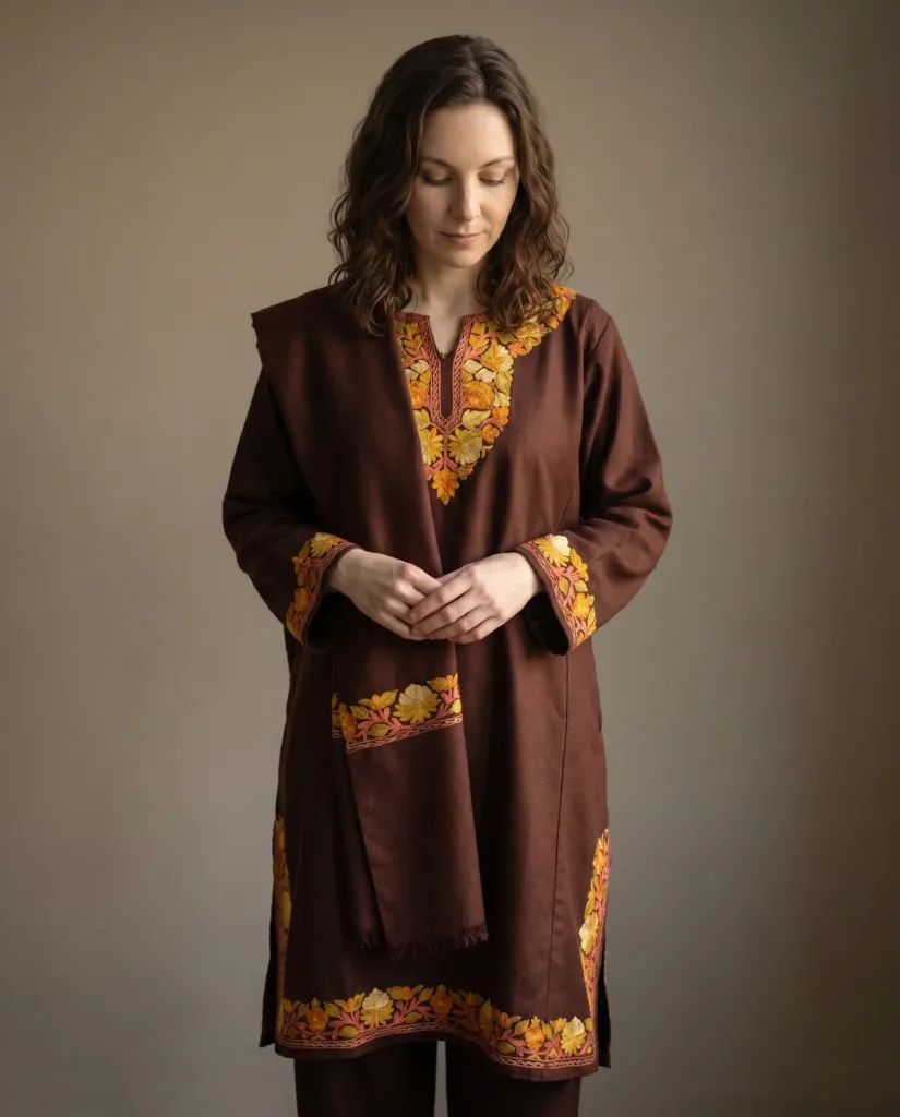 Rang-e-Zardkhiz Aari Embroidered Acro Wool Pheran Set (Pheran, Scarf & Trousers)