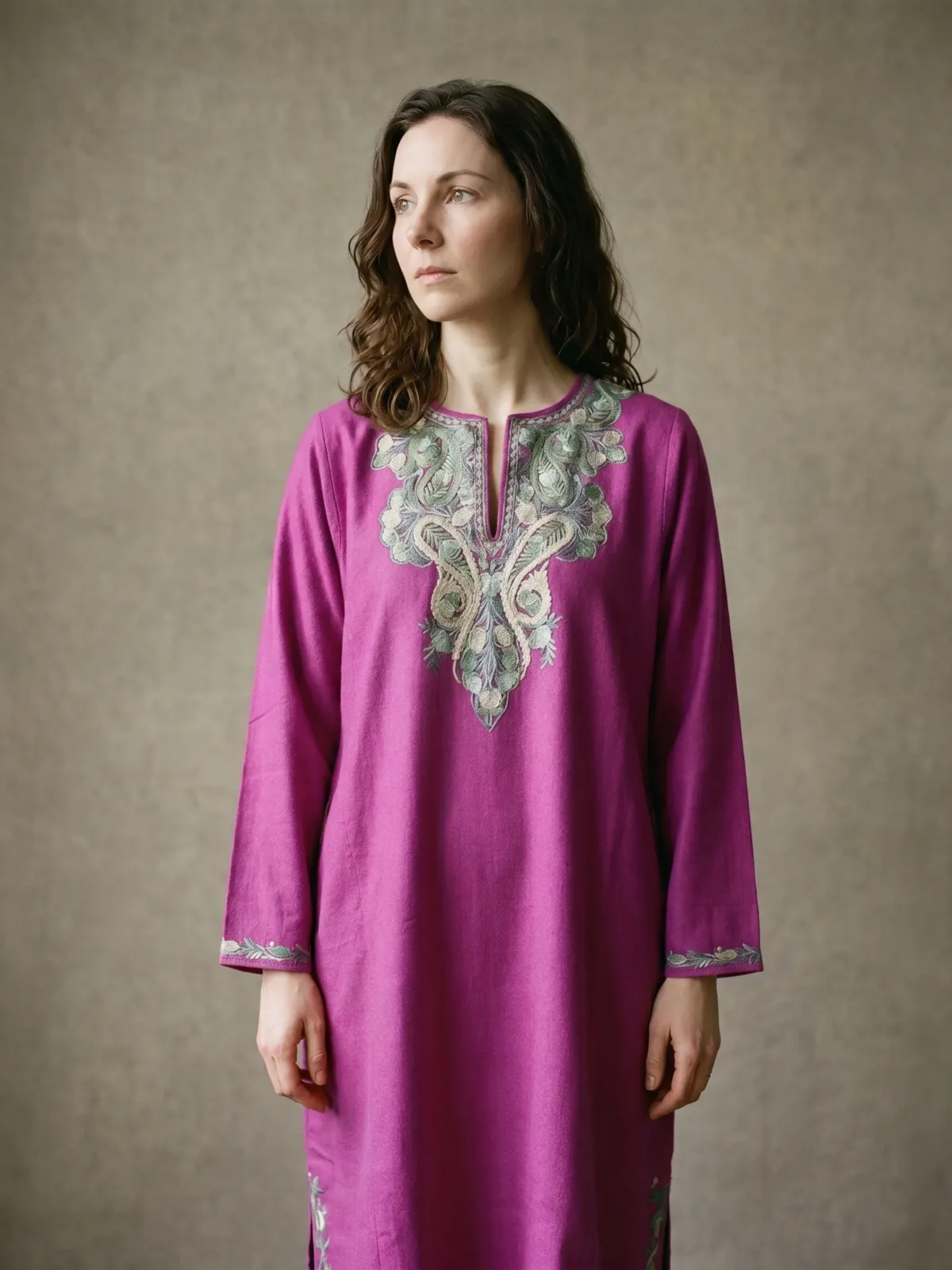 Roshanzal Magenta Acro Wool Aari Embroidered Pheran
