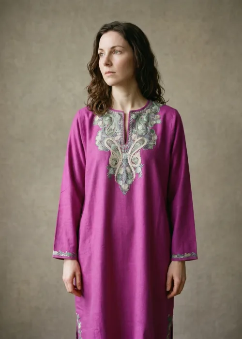 Roshanzal Magenta Acro Wool Aari Embroidered Pheran