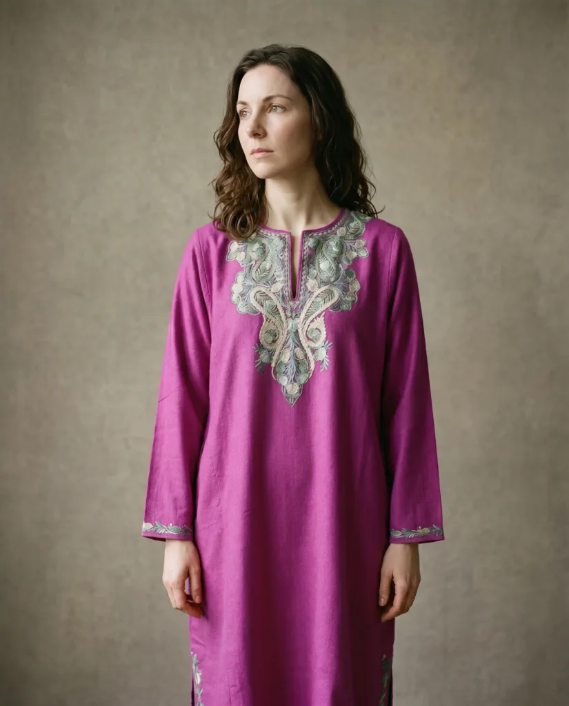 Roshanzal Magenta Acro Wool Aari Embroidered Pheran