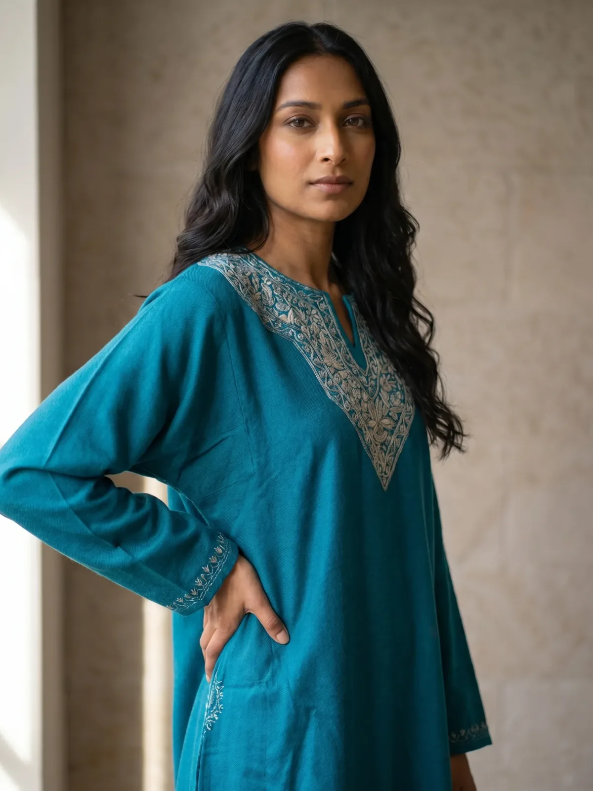 Sabeen Teal Hand Needle Work Pheran