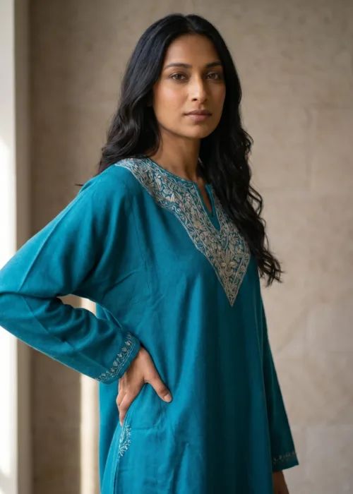 Sabeen Teal Hand Needle Work Pheran