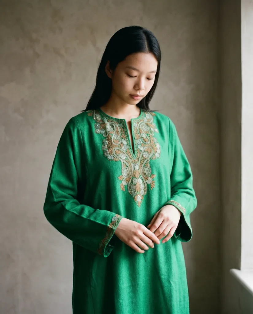 Sabz Gul-Green Acro Wool Aari Embroidered Pheran