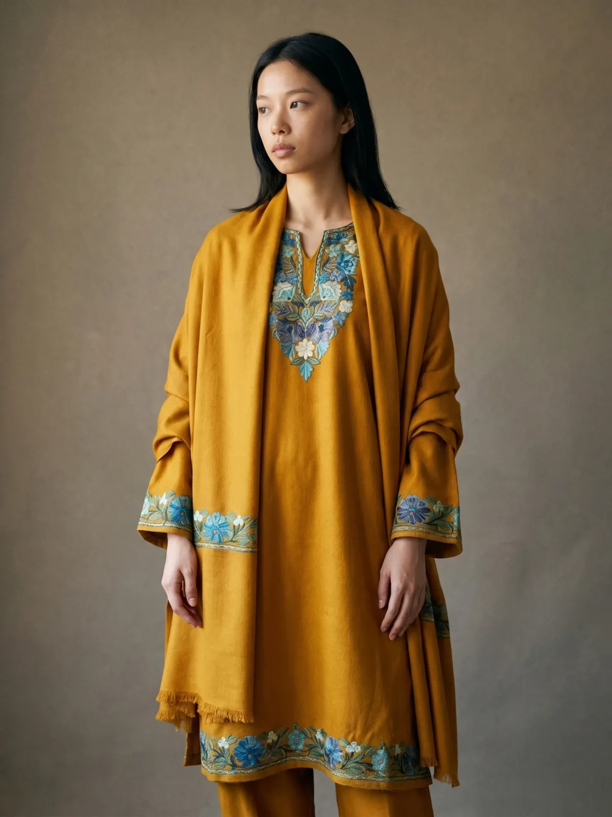 Saffron Neel Aari Embroidered Acro Wool Pheran Set (Pheran, Scarf & Trousers)