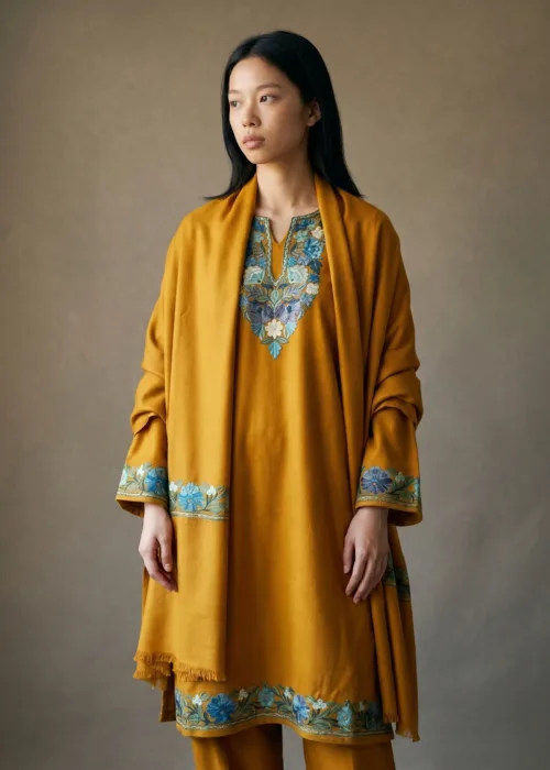 Saffron Neel Aari Embroidered Acro Wool Pheran Set (Pheran, Scarf & Trousers)