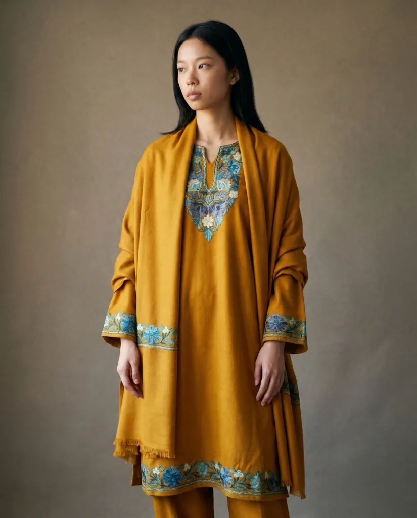Saffron Neel Aari Embroidered Acro Wool Pheran Set (Pheran, Scarf & Trousers)