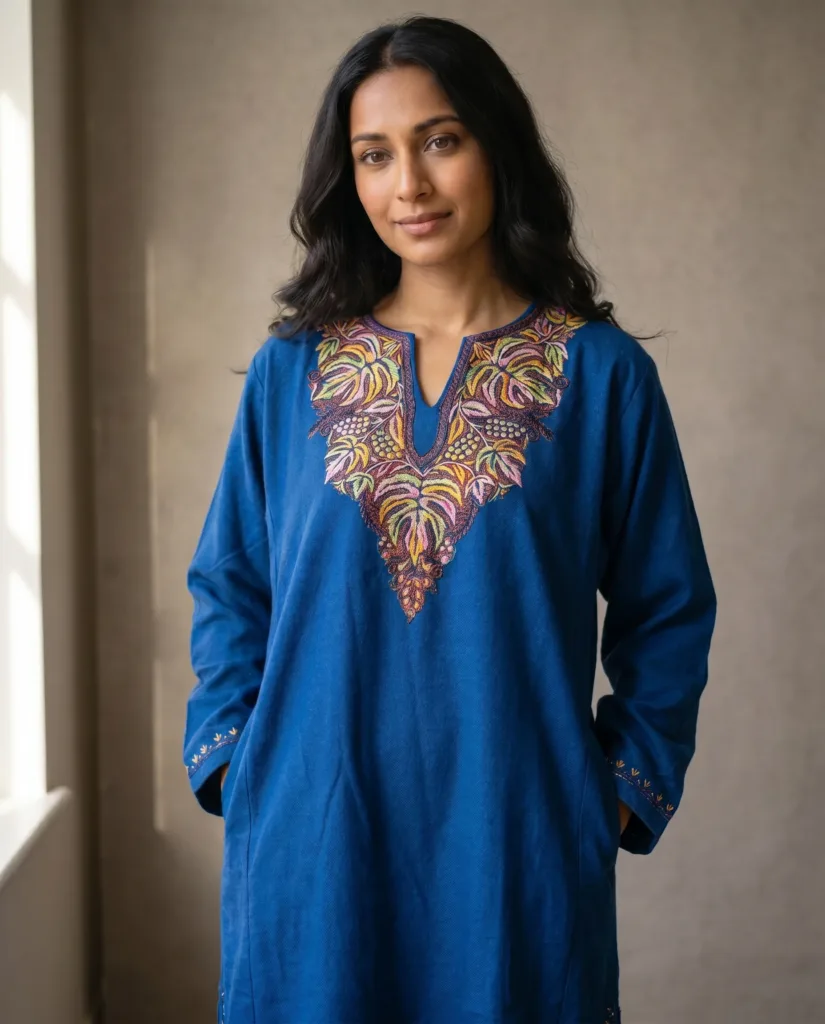Sarvangi Indigo Blue Hand Needle Work Pheran