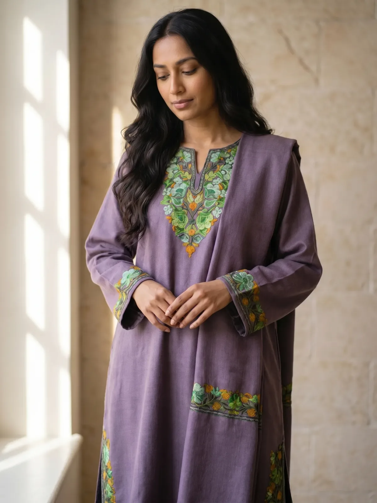 Shaam-e-Banafsha Aari Embroidered Acro Wool Pheran Set (Pheran, Scarf & Trousers)