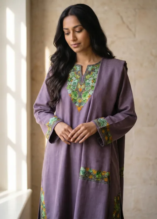 Shaam-e-Banafsha Aari Embroidered Acro Wool Pheran Set (Pheran, Scarf & Trousers)